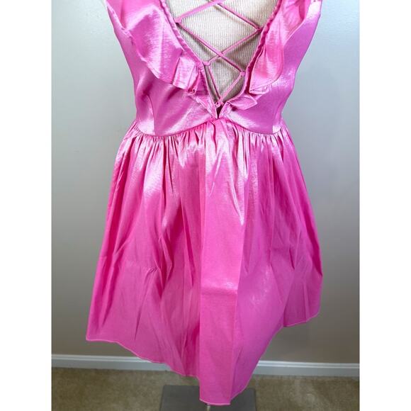For Love & Lemons Lala Lace Up Heart Choker Ruffle Pink Mini Dress Size S - Picture 9 of 12